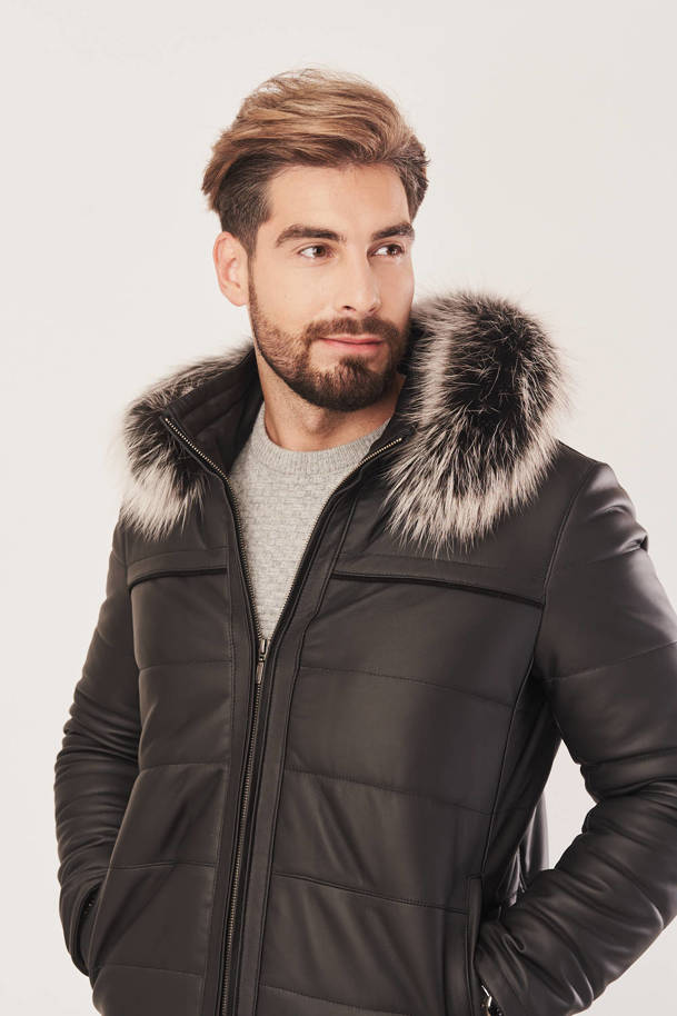 Pánská zimní kožená bunda s kapucí